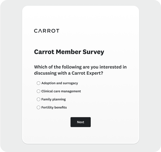 A Carrot Member Survey asking what topic a member is interested in discussing with an expert.