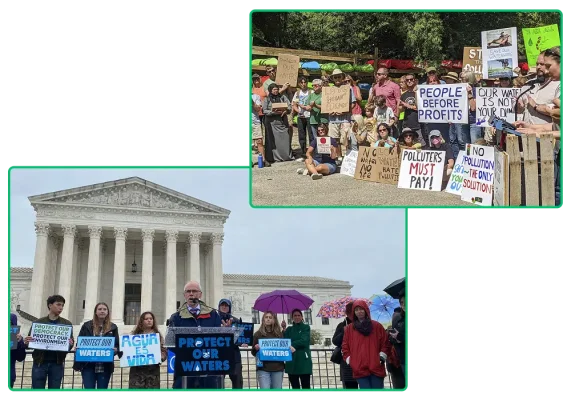 Bilder av demonstranter holde opp plakater der det står ting som «folk før fortjeneste», «forurensere må betale», «beskytt våre vassdrag»