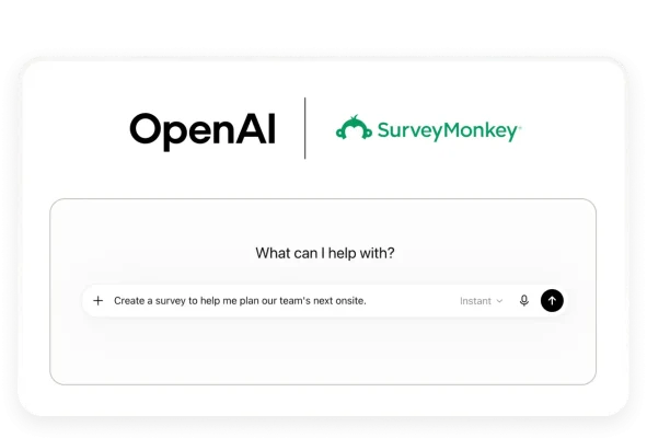 OpenAI and SurveyMonkey logos above a chat prompt reading: Create a survey to help me plan our team's next onsite.