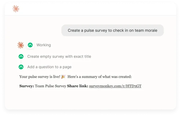 A stylized data graphic displaying a survey question card alongside a rising trend line graph. A callout box on the graph highlights an insight: Employees are reporting increased workloads and burnout levels