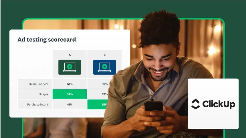 Man looking at phone next to ClickUp logo and screenshot of ad testing scorecard