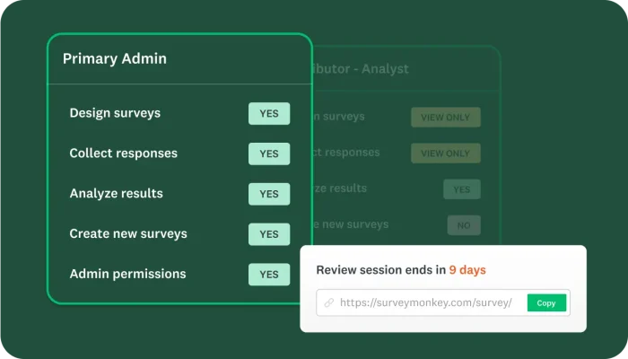 Screenshot of team admin tools in SurveyMonkey, showing that the primary admin can do certain actions, and that a review session for a survey ends in 9 days