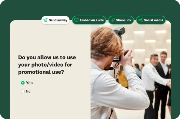 A photographer taking a picture, with a digital consent form overlay asking, "Do you allow us to use your photo/video for promotional use?"