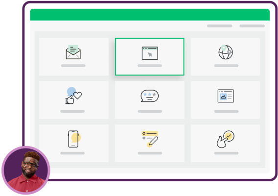 Screenhsot van SurveyMonkey-pagina waarop verschillende opties worden getoond voor het delen van een enquête, met een foto van een lachende man ernaast