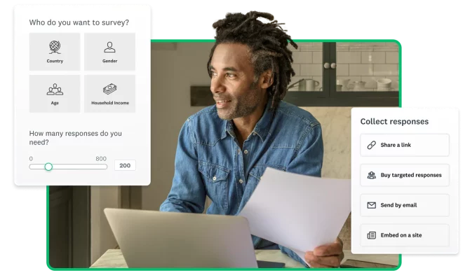 Man looking at paper in hand and laptop screen, next to screenshots of survey response collection options in SurveyMonkey