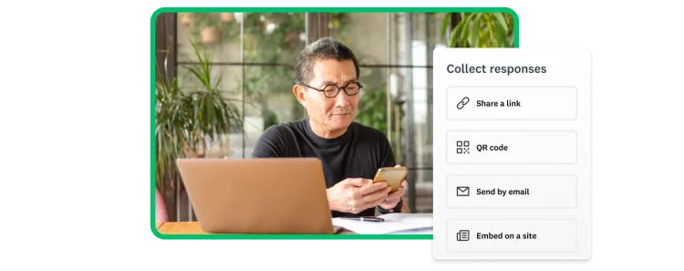 Man looking at phone next to screenshot of different way to share a survey using surveyMonkey