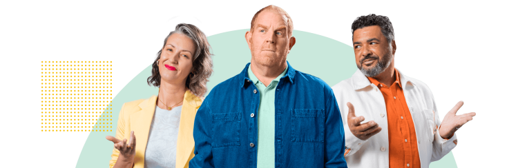 Two men and a women holding their hands out and looking curious