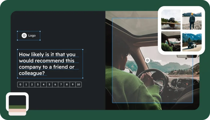 A survey design screen showing an NPS question and options for customizing the background image with an image collage feature.