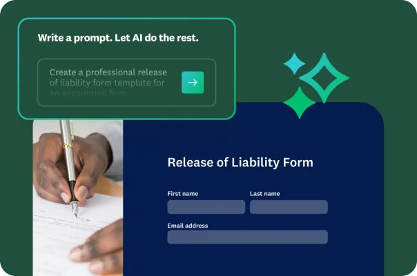 Hand signing a Release of Liability Form. A green box shows an AI prompt to create a form template, and form fields are visible.