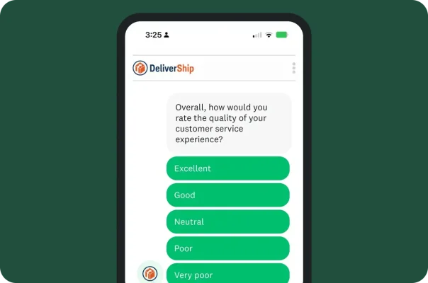 Mobile phone showing a survey question asking how would you rate the quality of your customer service experience