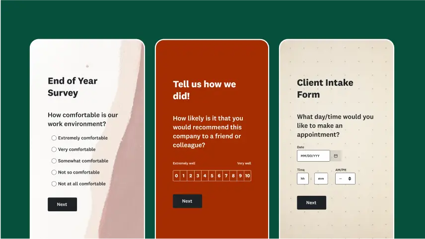 Screenshots of three different surveys on mobile devices