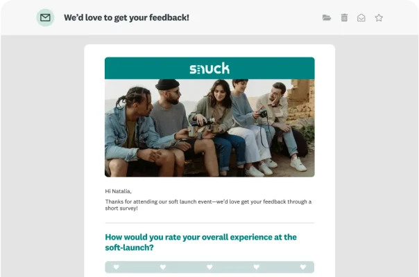 Email with a survey question asking about overall experience with soft launch