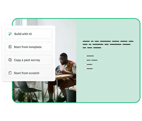 Screenshot of a survey template, with options to build with AI, start from a different template, copy a past survey, or start from scratch
