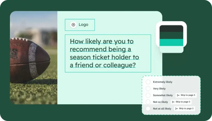Survey creation screen, showing ability to customize a survey with logic branching and ability to skip to different questions depending on the answer chosen