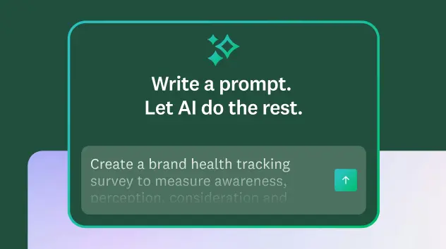 A screen showing an AI prompt box with the text, "Write a prompt. Let AI do the rest." and an example prompt to create a brand health tracking survey.
