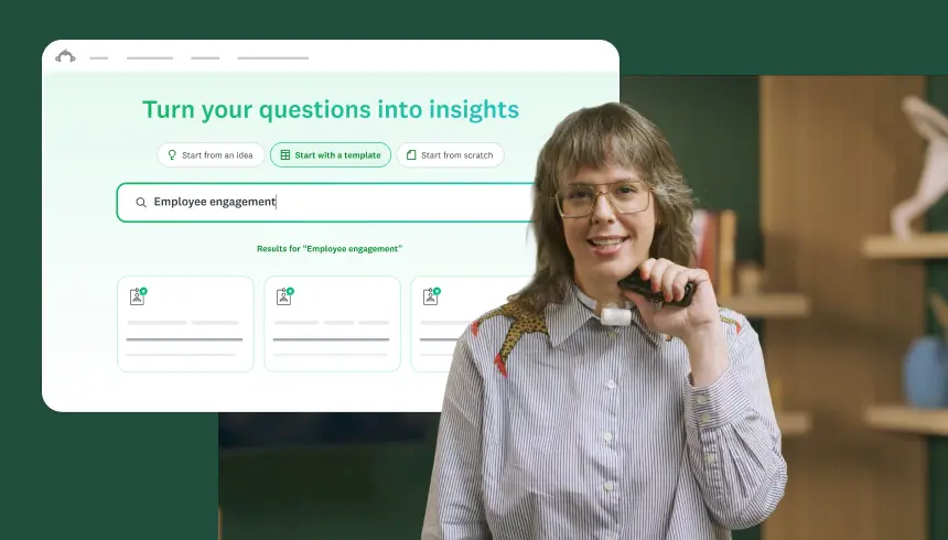 Woman presenting with a screenshot of SurveyMonkey in the background