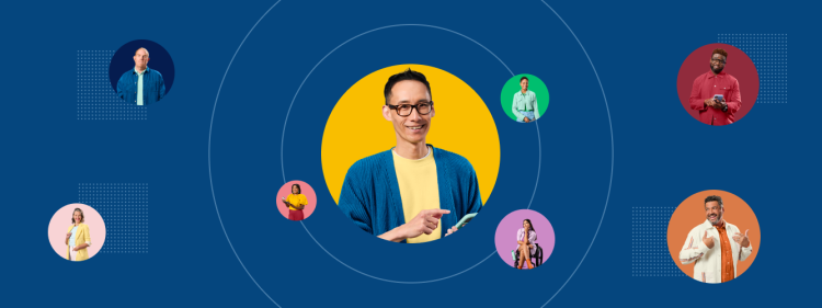 Eight circles of various sizes and colors with a different person in each circle all against a dark blue background