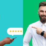 Nainen nauraa antaessaan sovellukselle viisi tähteä ja hymyilevä mies osoittaa häntä