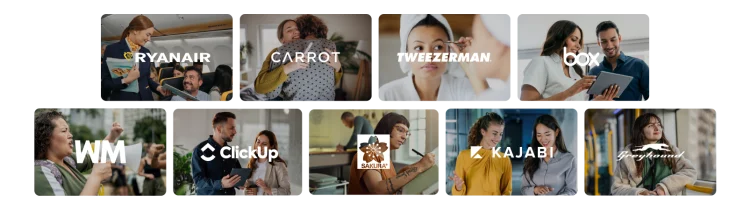 A collage of ten customer story images, featuring logos like Ryanair, CARROT, TweezerMan, Box, WM, ClickUp, Sakura, Kajabi, and Greyhound.