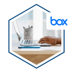 Box company logo next to hands typing on a laptop keyboard