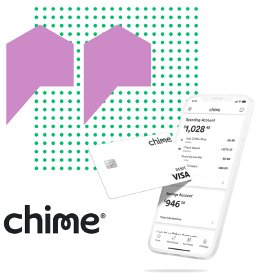 En mobilskärm som visar Chime-appen och ett Chime-märkt kreditkort samt Chime-logotypen bredvid