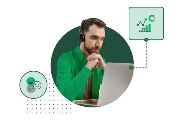 Man wearing headset with serious expression next to smiling emojis and graphs and charts