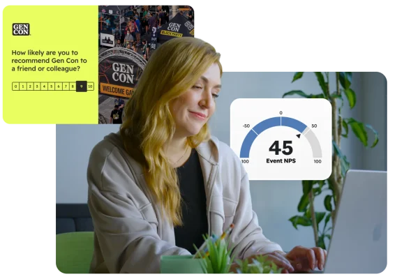 A woman smiling while using a laptop, with overlays showing a Gen Con NPS survey question and an Event NPS score of 45.