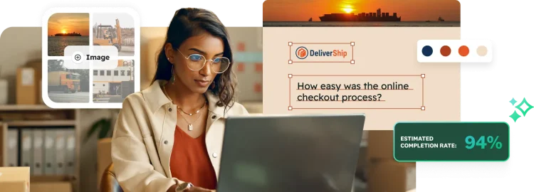 A woman working on a laptop with overlays for survey customization, including a color picker, an image collage, and a DeliverShip checkout survey.