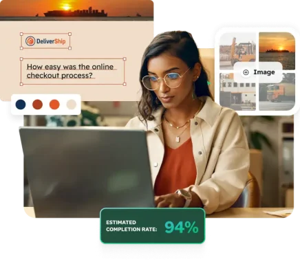 A woman working on a laptop with overlays for survey customization, including a color picker, an image collage, and a DeliverShip checkout survey.