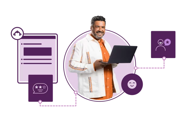 Lächelnder Mann, der einen geöffneten Laptop hält; neben ihm Chat-Blasen und ein Screenshot einer Umfrage