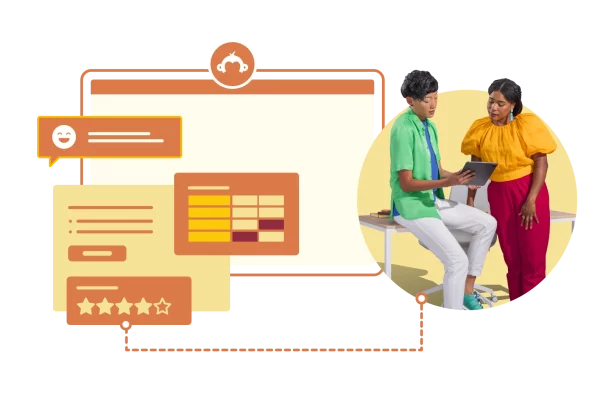 Two people looking at a tablet screen, next to screenshots of tables and charts