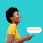 Woman smiling holding a phone, with a 5 star bubble above it