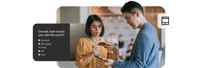 Two attendees using smartphones to complete an event rating survey