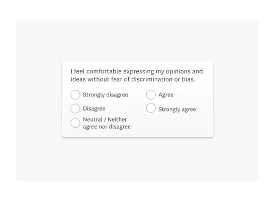 Likert scale survey question asking, "I feel comfortable expressing my opinions and ideas without fear of discrimination or bias."