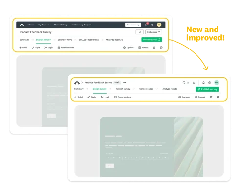 Two screenshots from SurveyMonkey that show the new improvements between the old and new navigation