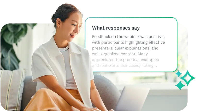 Woman typing on laptop, next to bubble showing what responses say