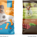 나란히 제시한 두 가지 개 사료 포장 디자인