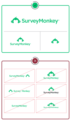 Diagramma che mostra la versione approvata del logo SurveyMonkey e alcuni esempi di cosa non fare con il logo