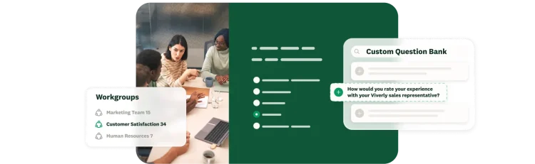 Team collaboration interface featuring workgroups, survey builder, and custom question bank