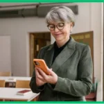 Vrouw in pak die telefoonscherm bekijkt