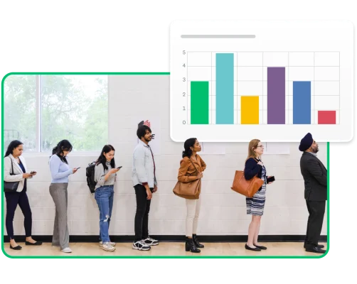 people standing in line with a bar chart overlayed on top.