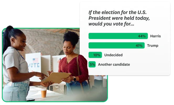Two women looking at a clipboard and pointing. There is a stat overlayed that shows Harris beating Trump by 3 points.