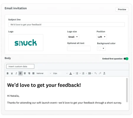 A screenshot of the Email invitation creation interface showing options to customize the subject line, logo, and body for a snuck soft launch survey.