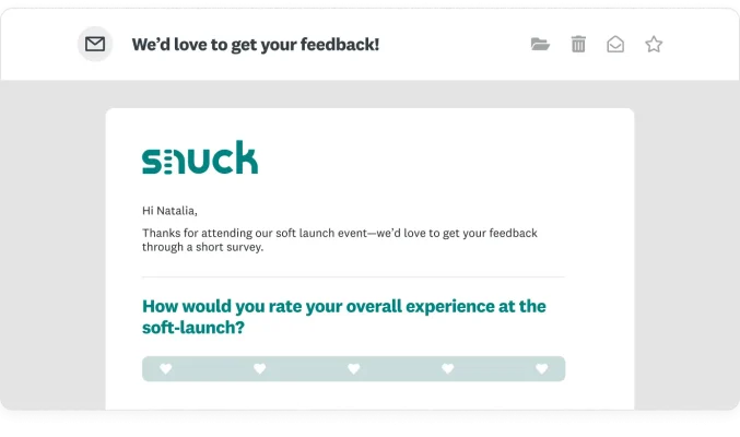 A personalized email preview for a snuck soft launch event asking recipients to rate their overall experience.