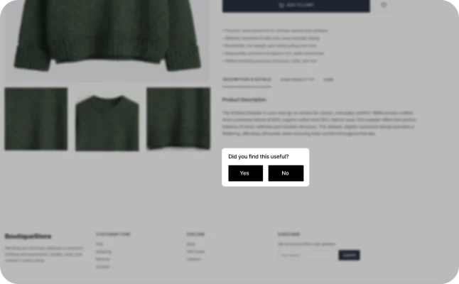 An e-commerce product page featuring a simple embedded GetFeedback widget asking users Did you find this useful? with Yes and No buttons