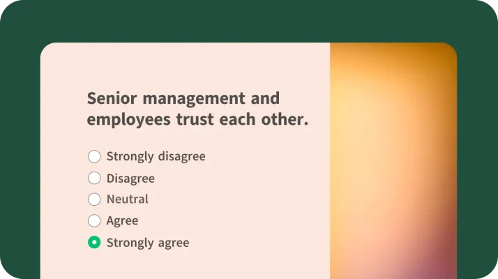 Employee engagement survey question template measuring workplace trust between senior management and employees.