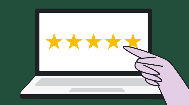 5 stars on a laptop screen with a hand pointing to it