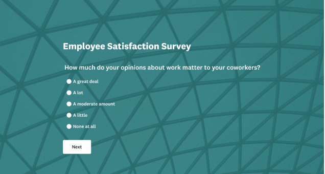 An Employee Satisfaction Survey template with a question about coworkers valuing an employee's opinions.