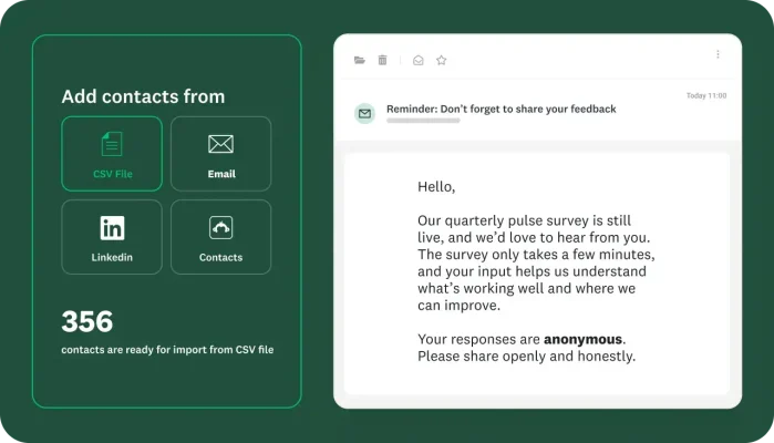 Option to add contacts to send survey via CSV file, email, LinkedIn, and saved contacts, along with an email asking users to take the quarterly pulse survey