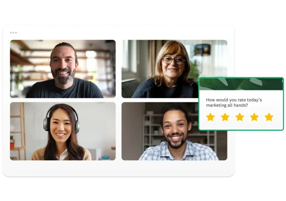 Four people on a Zoom call, next to screenshot of a survey question asking to rate all-hands experience